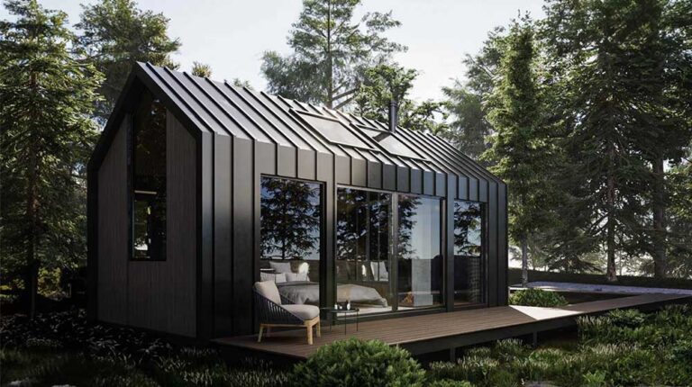 Moderní kabina v lese — tiny home z oceli